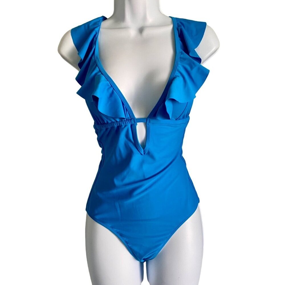 Cupshe Blue Ruffle Tie Back Plunging Neck Strappy One Piece Swimsuit XS NEW NWT - Picture 2 of 10